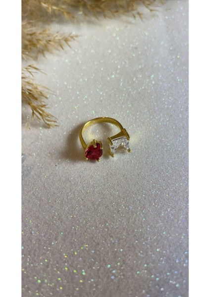 Altın Kaplama Kırmızı Damla Beyaz Kare Model Kibar ve Zarif 925 Ayar Gümüş Yüzük modelleri