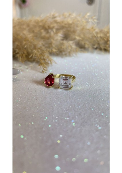 Altın Kaplama Kırmızı Damla Beyaz Kare Model Kibar ve Zarif 925 Ayar Gümüş Yüzük fırsatları