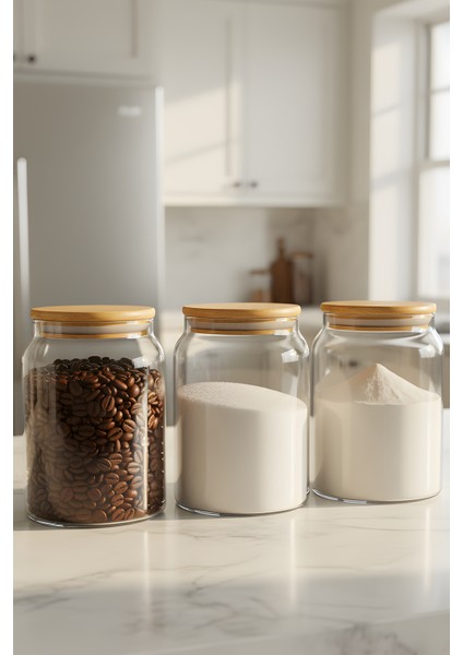 3’lü Cam Kavanoz Seti 860 cc – Vakumlu Bambu Kavanoz