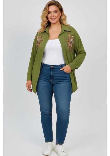 Kadın Büyük Beden Pul Payet Işlemeli Uzun Kollu Gömlek 1985-26