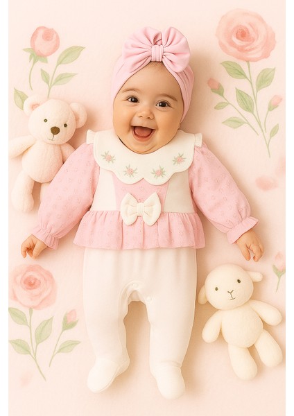 Yeni Doğan Kız Bebek 0/3-3/6 Ay Brodeli 2li Tulum Seti ve Müslin Battaniye Takımı (Hediyelik )
