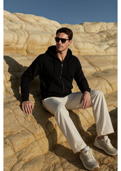 Erkek Fermuarlı Kapüşonlu Cepli Siyah Sweatshirt fırsatları