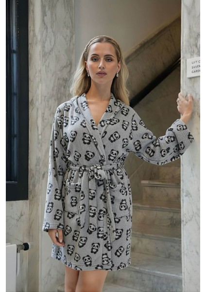 Kadın Kapüşonlu Panda Desenli Polar Sabahlık modelleri