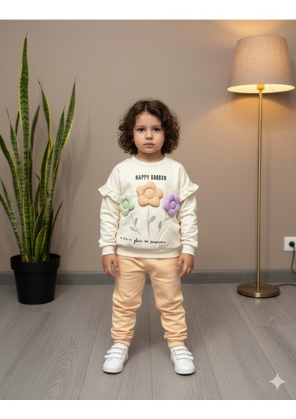 Kız Çocuk Alt Üst Takım Kolu Fırfırlı El Nakışı Kabartma Çiçek %100 Pamuk