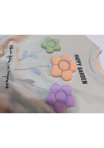 Kız Çocuk Alt Üst Takım Kolu Fırfırlı El Nakışı Kabartma Çiçek %100 Pamuk