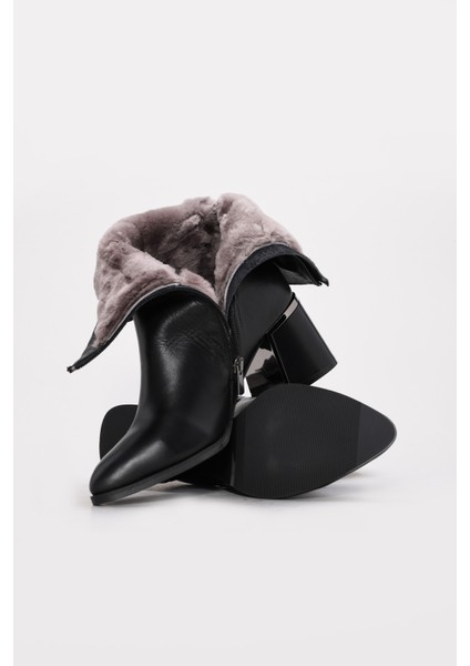 Hakiki Deri Kürklü Kadın Kalın Topuklu Bot 064KZA838