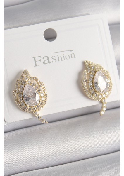 Pirinç Gold Renk Zirkon Taşlı Yaprak Model Kadın Küpe - Lisinya