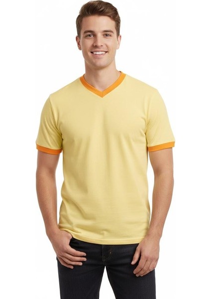 Promosyon V Yaka Tshırt Turuncu Yakalı fırsatları