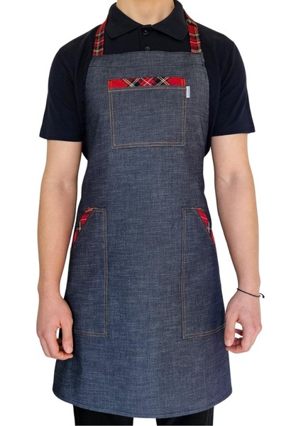 Boydan Askılı Tokalı Önlük Denim Ekose