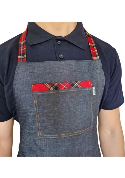 Boydan Askılı Tokalı Önlük Denim Ekose