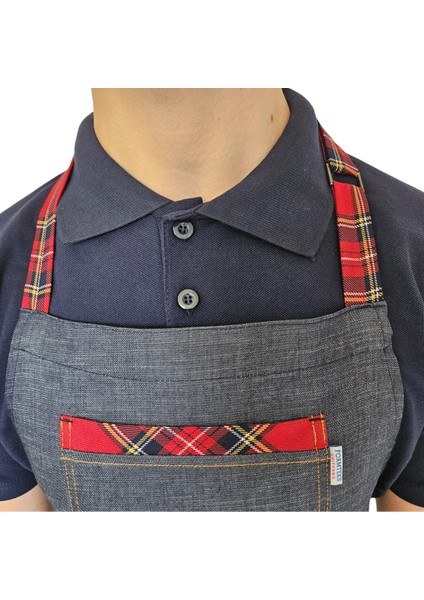 Boydan Askılı Tokalı Önlük Denim Ekose