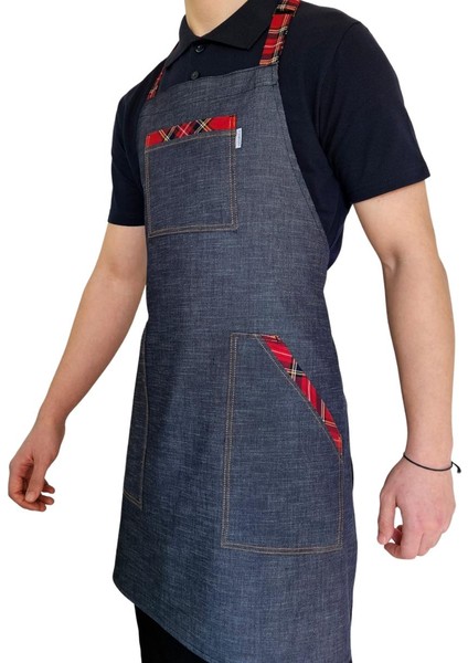 Boydan Askılı Tokalı Önlük Denim Ekose