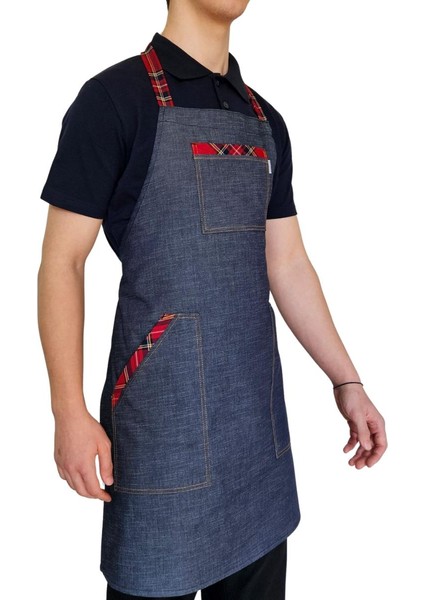 Boydan Askılı Tokalı Önlük Denim Ekose