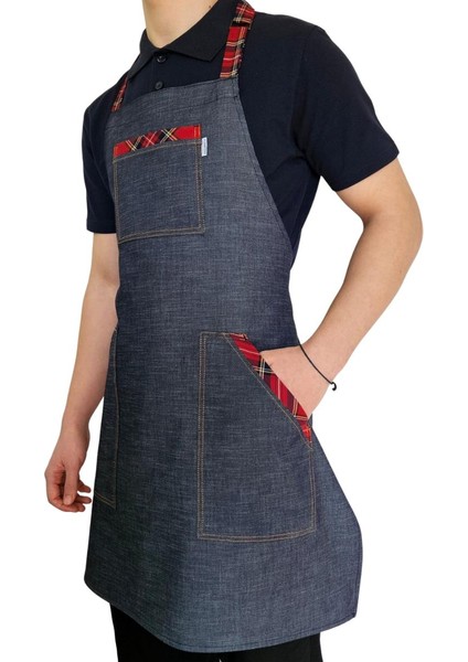 Boydan Askılı Tokalı Önlük Denim Ekose