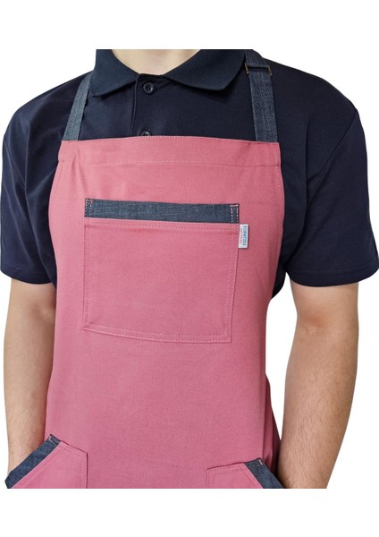 Tokalı Biye Cepli Boydan Önlük Pembe