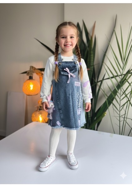 Kız Çocuk Kotlu Salopet Takım Özel Tasarım (Stella Lou Oyuncaklı Kot Elbise+Bluz)