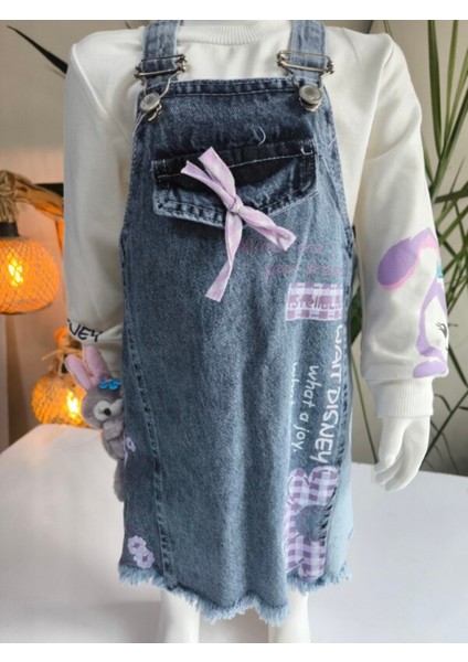 Kız Çocuk Kotlu Salopet Takım Özel Tasarım (Stella Lou Oyuncaklı Kot Elbise+Bluz)