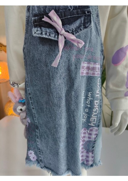 Kız Çocuk Kotlu Salopet Takım Özel Tasarım (Stella Lou Oyuncaklı Kot Elbise+Bluz)