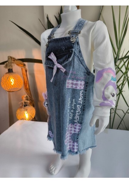 Kız Çocuk Kotlu Salopet Takım Özel Tasarım (Stella Lou Oyuncaklı Kot Elbise+Bluz)