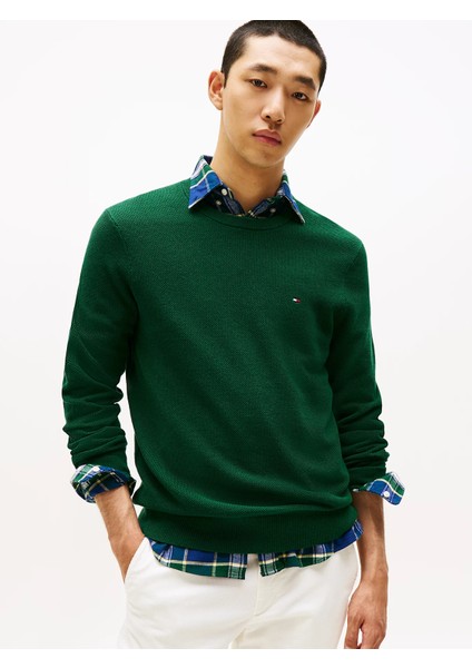 Klasik Dokulu Bisiklet Yaka Erkek Yeşil Kazak MW0MW36347MQ8