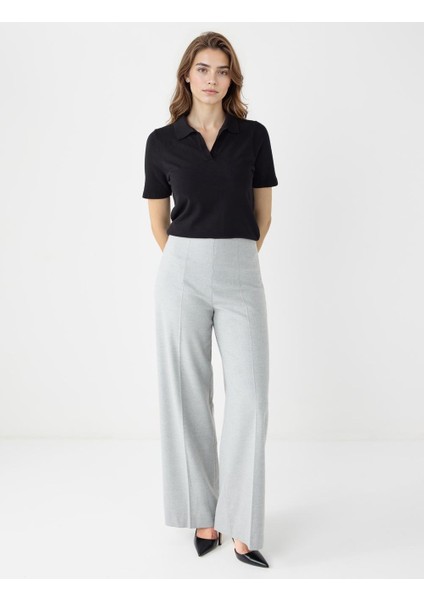 Grı Bol Paça Yüksek Bel Dokuma Rahat Kesim Pantolon