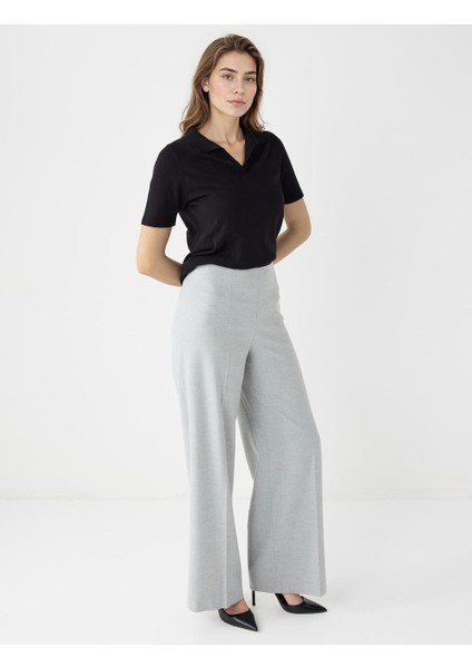 Grı Bol Paça Yüksek Bel Dokuma Rahat Kesim Pantolon