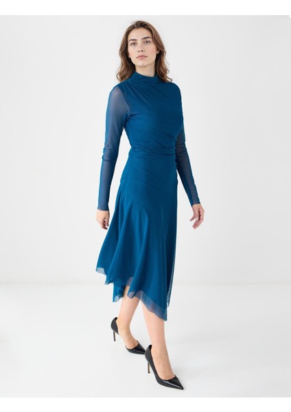 Koyu Petrol Uzun Kollu Sıfır Yaka Mesh Örme Uzun Elbise