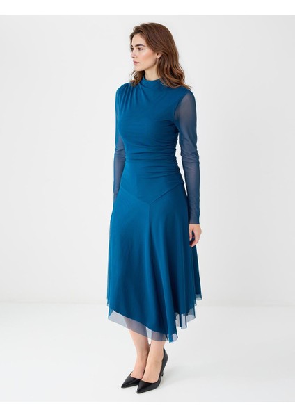 Koyu Petrol Uzun Kollu Sıfır Yaka Mesh Örme Uzun Elbise