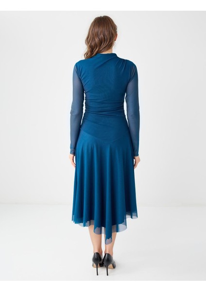 Koyu Petrol Uzun Kollu Sıfır Yaka Mesh Örme Uzun Elbise