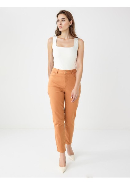 Karamel Yüksek Bel Normal Paça Dokuma Pantolon