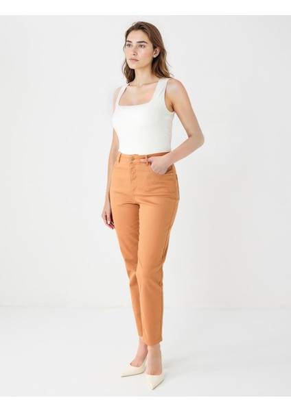 Karamel Yüksek Bel Normal Paça Dokuma Pantolon
