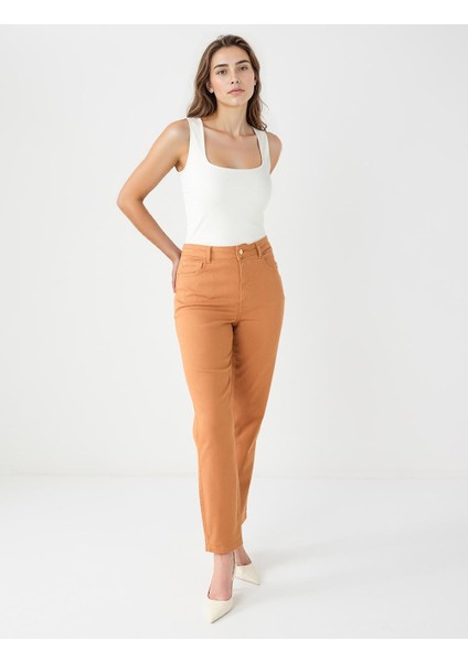 Karamel Yüksek Bel Normal Paça Dokuma Pantolon