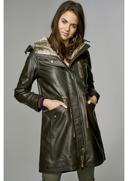 Valentina Kadın Yeşil Kürklü Deri Parka 17WGE544147 modelleri