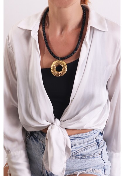 Pınkmark Kadın Gold Etnik Halka Detaylı Siyah 65CM Uzunluk Kolye PMKLY25506