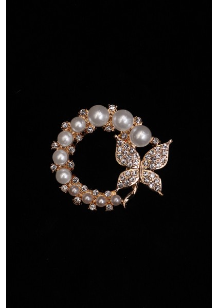 Pınkmark Kadın Gold Inci Zirkon Taşlı Yuvarlak Kelebekli Iğneli Yaka Süsü Broş PMBRS25701 modelleri