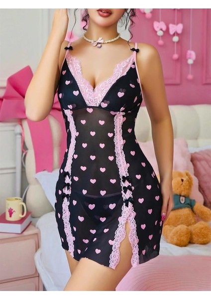 Kadın Fantazi Iç Giyim Siyah Kalp Desenli Dantel Işlemeli Fantezi Gecelik - Şehvetli ve Zarif Tasarım fiyatları