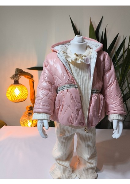 Kız Bebek Montlu Üçlü Takım (Omuzdan Çıtçıtlısweatshirt+ Mont +Pantolon) fırsatları