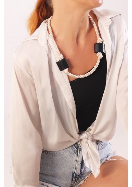 Pınkmark Kadın Siyah Kare Detaylı Ekru 65CM Uzunluk Kolye PMKLY25511