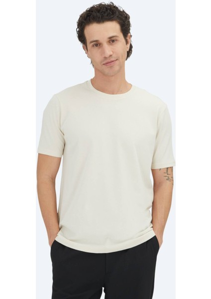 Ekru Düz Bisiklet Yaka %100 Pamuk T-Shirt