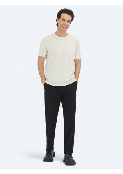 Ekru Düz Bisiklet Yaka %100 Pamuk T-Shirt fiyatları