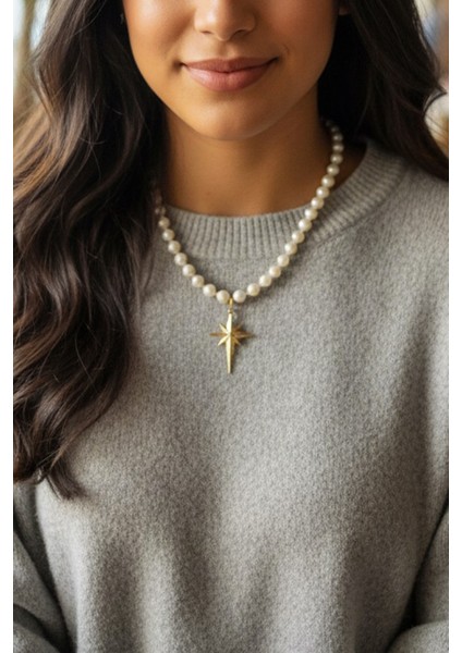 Pınkmark Kadın Gold Kutup Yıldızı Detaylı Ekru 55CM Uzunluk Inci Kolye PMKLY25515