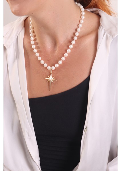 Pınkmark Kadın Gold Kutup Yıldızı Detaylı Ekru 55CM Uzunluk Inci Kolye PMKLY25515