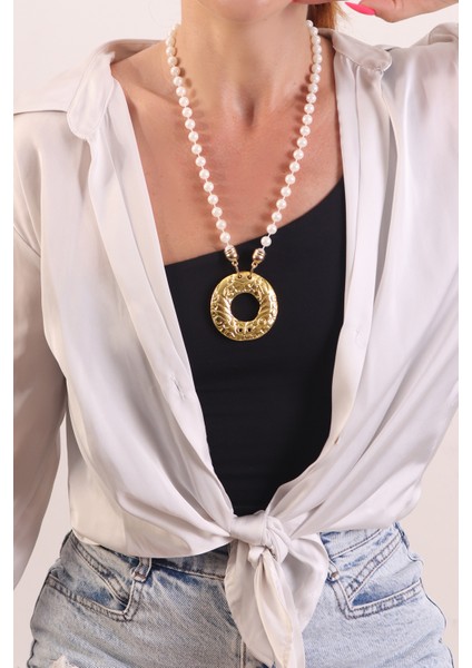 Pınkmark Kadın Gold Halka Detaylı Ekru 65CM Uzunluk Inci Kolye PMKLY25513