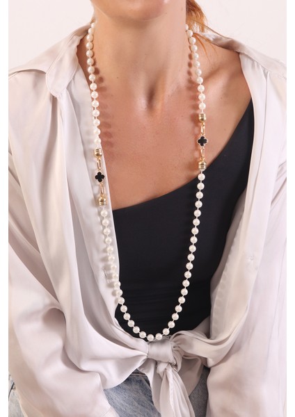 Pınkmark Kadın Gold Siyah Yonca Detaylı Ekru 75CM Uzunluk Inci Kolye PMKLY25517