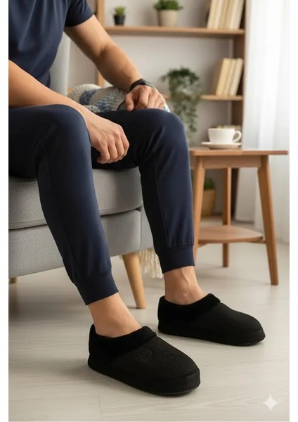 Nordik Erkek Panduf Bohça Fitilli Kadife Kumaş Nakışlı Rahat Yumuşak Taban Kürklü Ev Içi Ayakkabı