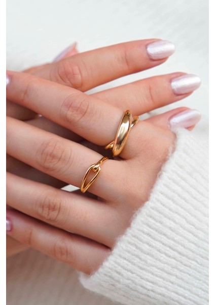 Altın Renk Bombeli ve Zincir Halkalı 2'li Kadın Yüzük Seti