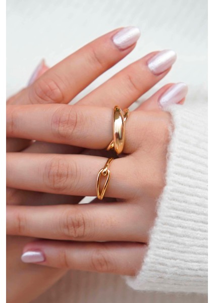 Altın Renk Bombeli ve Zincir Halkalı 2'li Kadın Yüzük Seti fiyatları