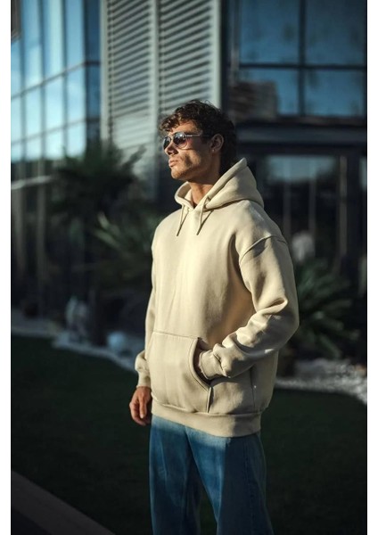 Üç Iplik Penye Kapşonlu Basic Sweatshirt - Bej