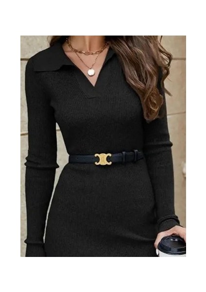 Kadın Uzun Kollu Yakalı Kısa Kaşkorse Elbise (Kemersiz) modelleri