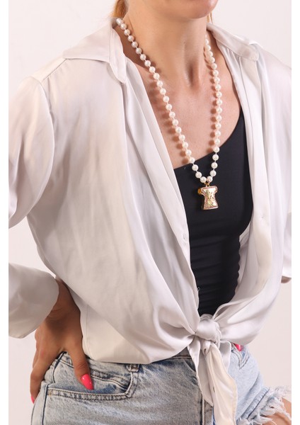 Pınkmark Kadın Gold Kaftan Detaylı Ekru 65CM Uzunluk Inci Kolye PMKLY25512